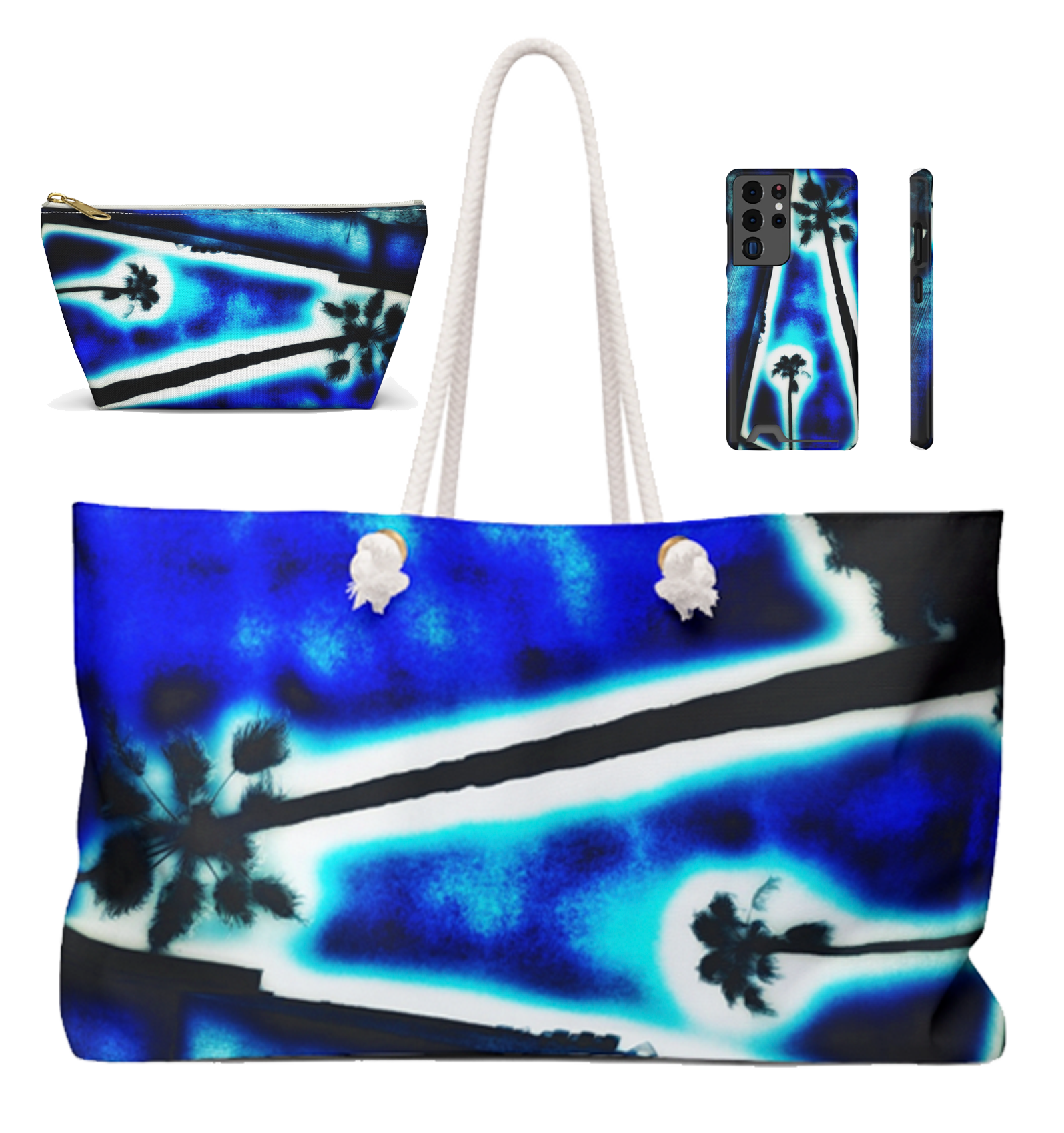 Love Triangle art on a cosmetic bag, phone case, and tote bag